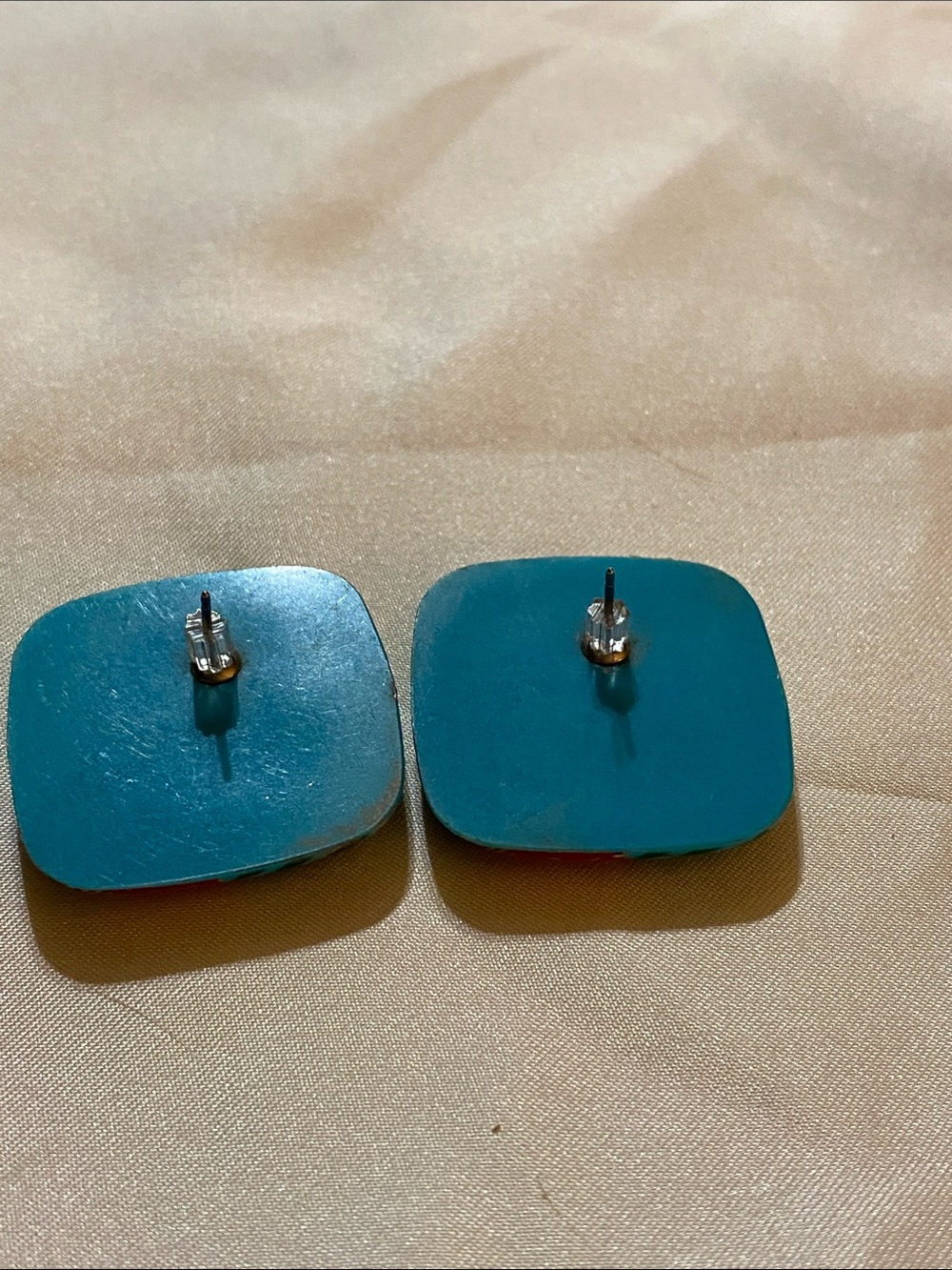 Tropical Floral Square Statement Earrings - Teal, Orange, White, Purple - Picture 3 of 3